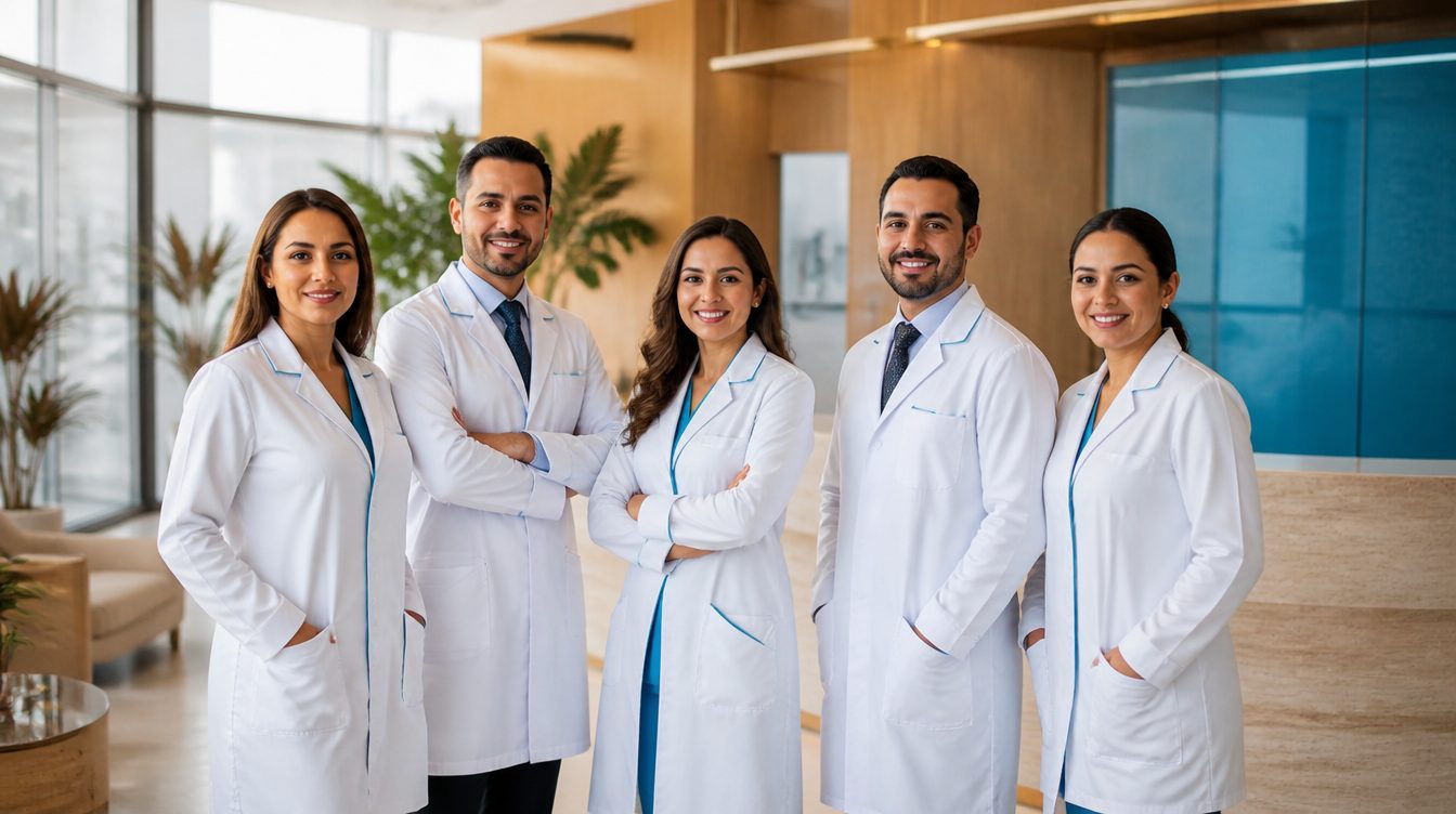 Equipo de médicos especialistas del Centro Médico y Dental Satélite en la recepción de la clínica