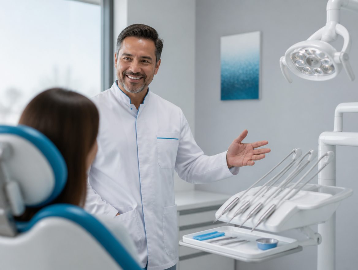 Dentista explicando plan de tratamiento en consultorio dental moderno con sillón cyan