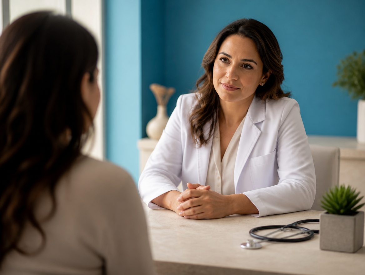 Doctora durante consulta médica en consultorio con acento cyan y luz natural